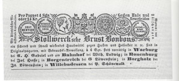 Die Brustbonbons gab es in Borgholz bei dem jüdischen Händler Löwenstein zu kaufen (Anzeige im Warburger Kreisblatt, Dezember 1862).